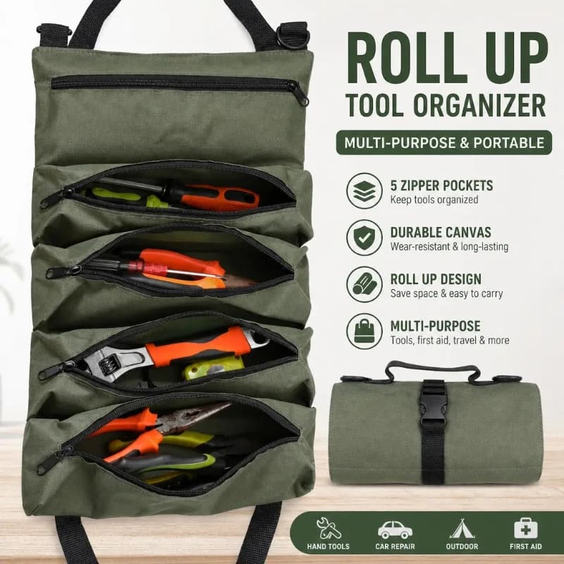 Multi-Purpose Roll Up Tool Bag Canvas Wrench Organizer 5 Zipper Pockets Portable Car Repair First Aid Kit Pouch Storage Case