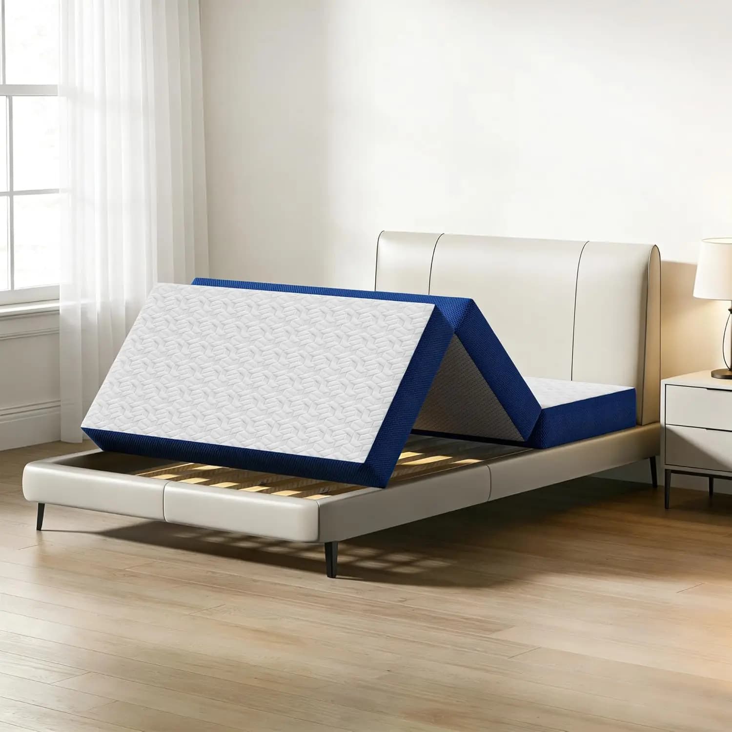 Materasso Pieghevole in Memory Foam con Gel Rinfrescante, Bianco e Blu, 6 Pollici, Misura Queen, Lavabile, per Viaggi, Campeggio, Yoga, Certificato CertiPUR US