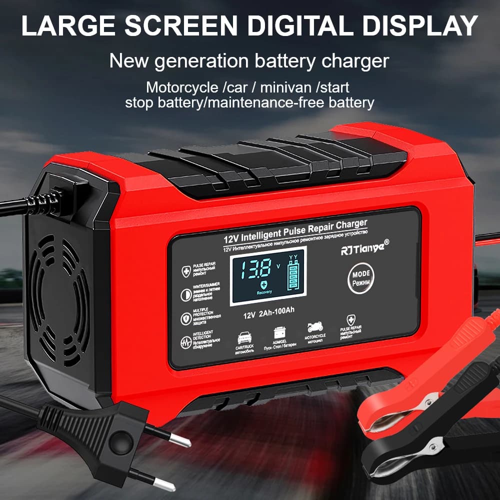 Digital Display Screen EU Plug 12V6A Suitable for Lead Acid Batteries Car/Motorcycle Charger Smart Battery Charger