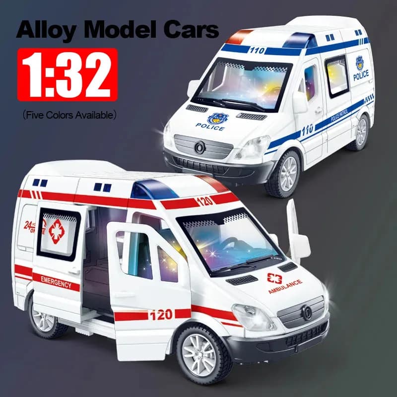 Set Regalo Veicoli di Emergenza, Modellini Die-cast 1:32 con Suoni e Luci, Perfetto Giocattolo per Bambini (Policia, Vigili del Fuoco, Ambulanza) per Compleanni