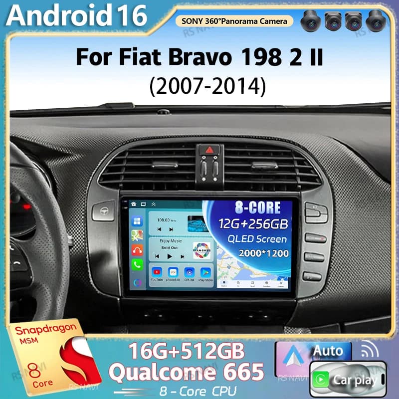 Android 15 Per Fiat Bravo 198 2 II 2007 - 2014 2K QLED Stereo Autoradio Lettore video multimediale GPS 4G CarPlay