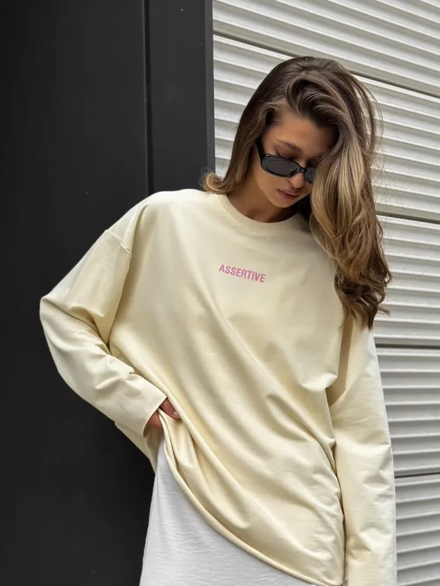 ASSERTIVE Uniuqe Chic Stampa 100% cotone T-shirt a maniche lunghe Felpa sottile Autunno Retro Top Hip Hop Donna Allentato Casual