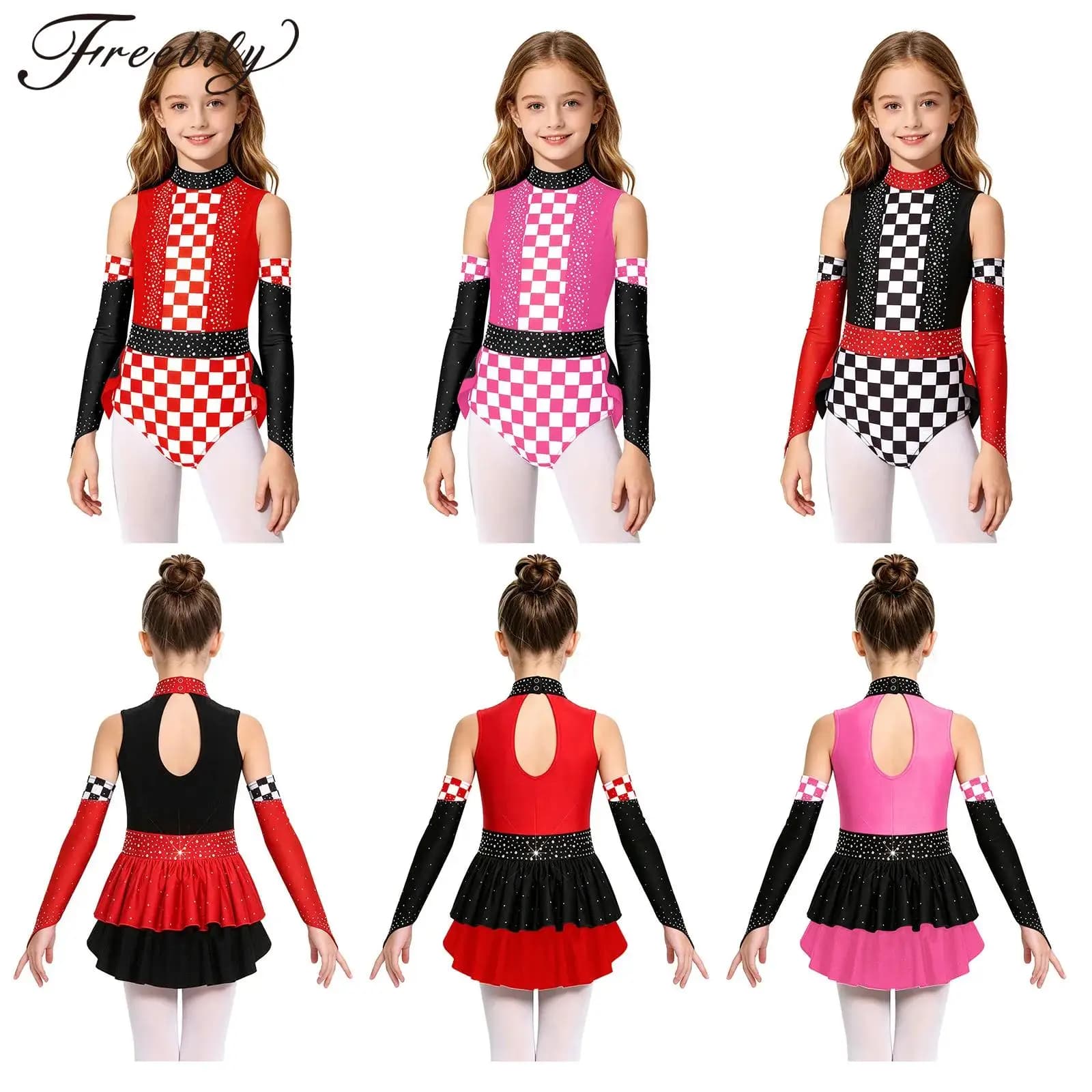 Body da Pattinaggio Artistico per Bambine con Strass Scintillanti, Senza Maniche, Fantasia Scozzese e Balze, Costume da Gara