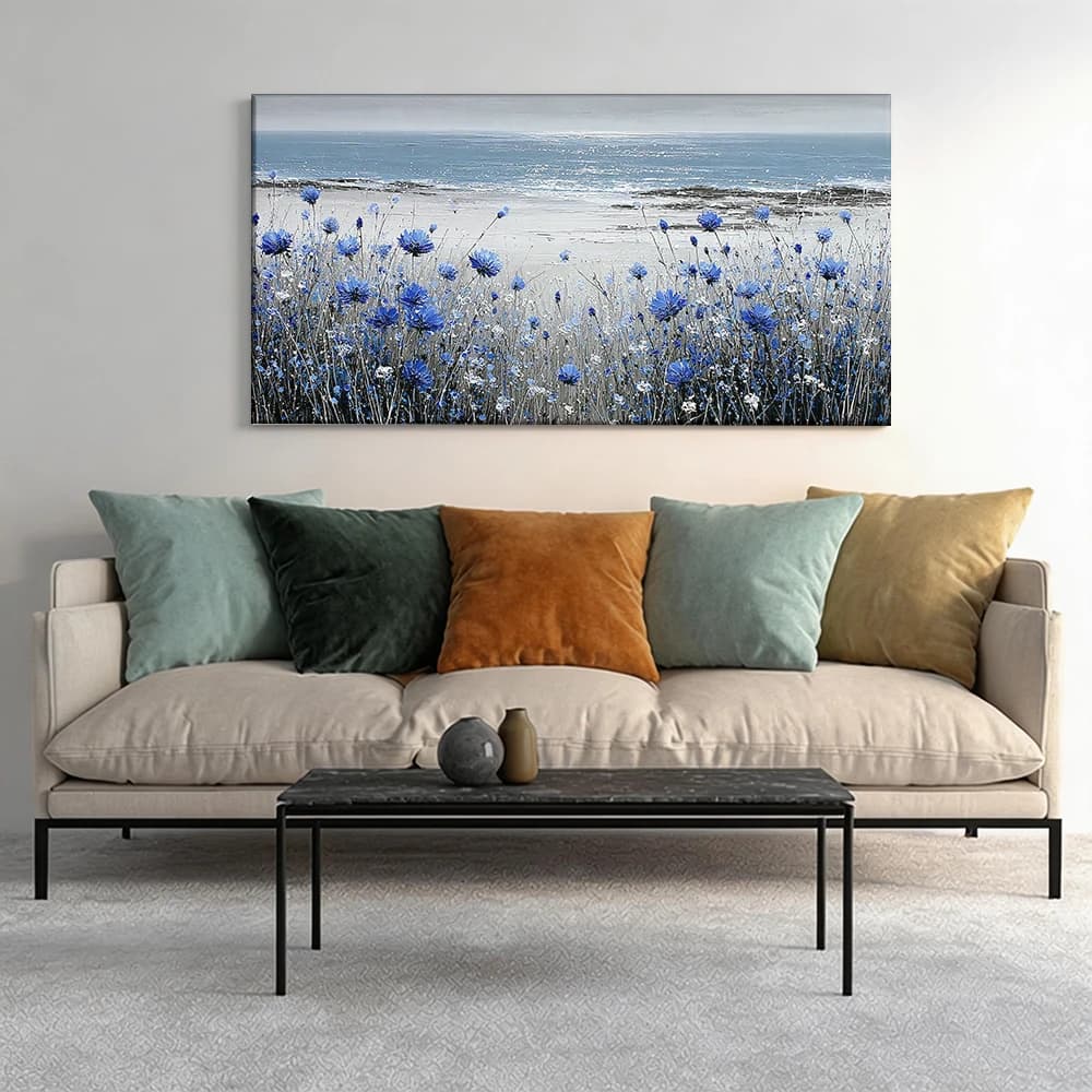Painted on canvas with large wooden frame, 1 piece. Blue flowers, beach, serene scene.
