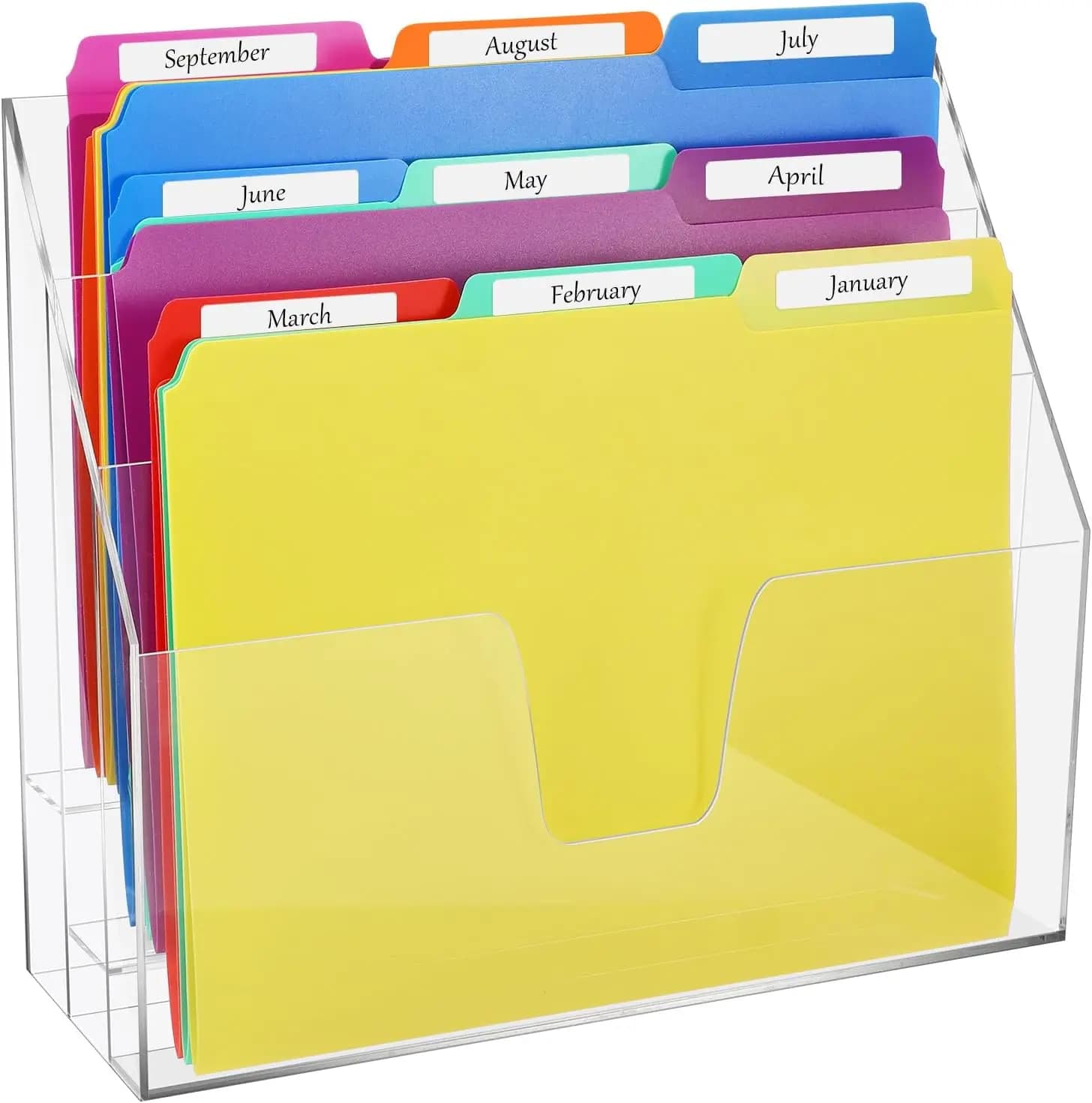 Set di 12 Cartelle Portadocumenti con Supporto in Acrilico, Scatola di Archiviazione Trasparente Tripla Orizzontale con Etichette Formato Lettera per Scrivania