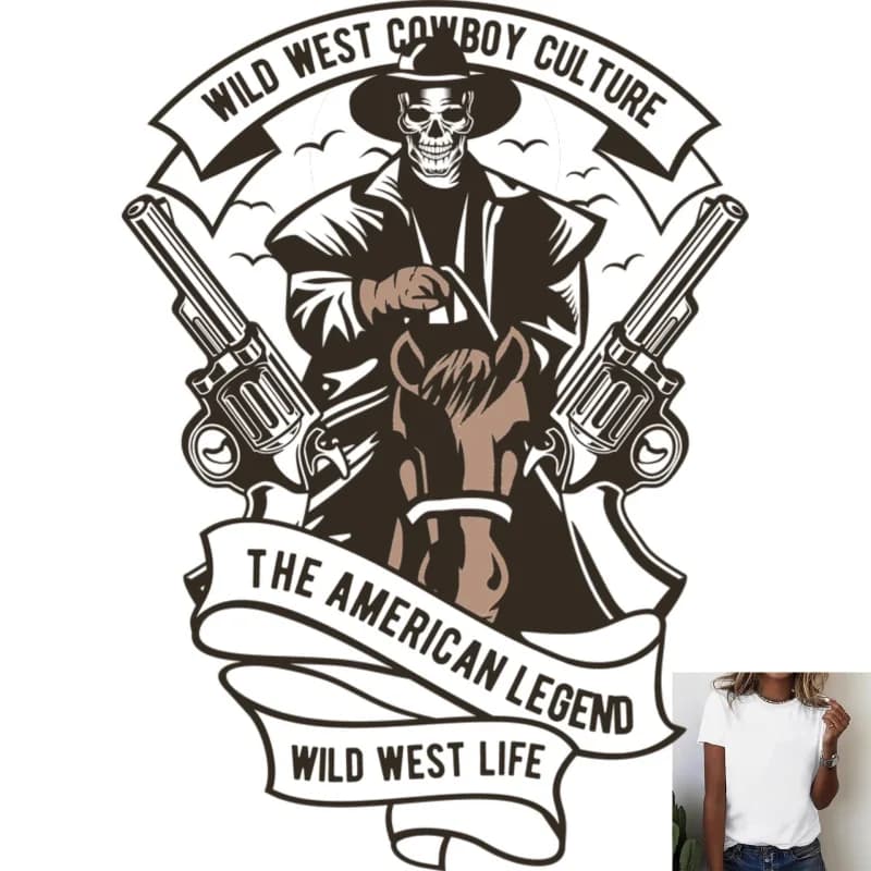 Wild West Cowboy Skull Horse & Dual - Guns Heat - Transfer White Ink Iron - on Patch, Retro Trendy, for T - Shirts, Canvas