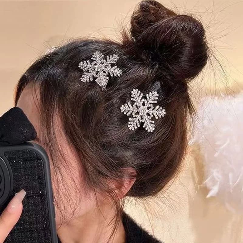 Fermaglio per capelli a fiocco di neve color argento per donna e ragazza, grazioso fermaglio laterale per frangia, forcine con bordo glitterato e brillante, accessori per capelli natalizi