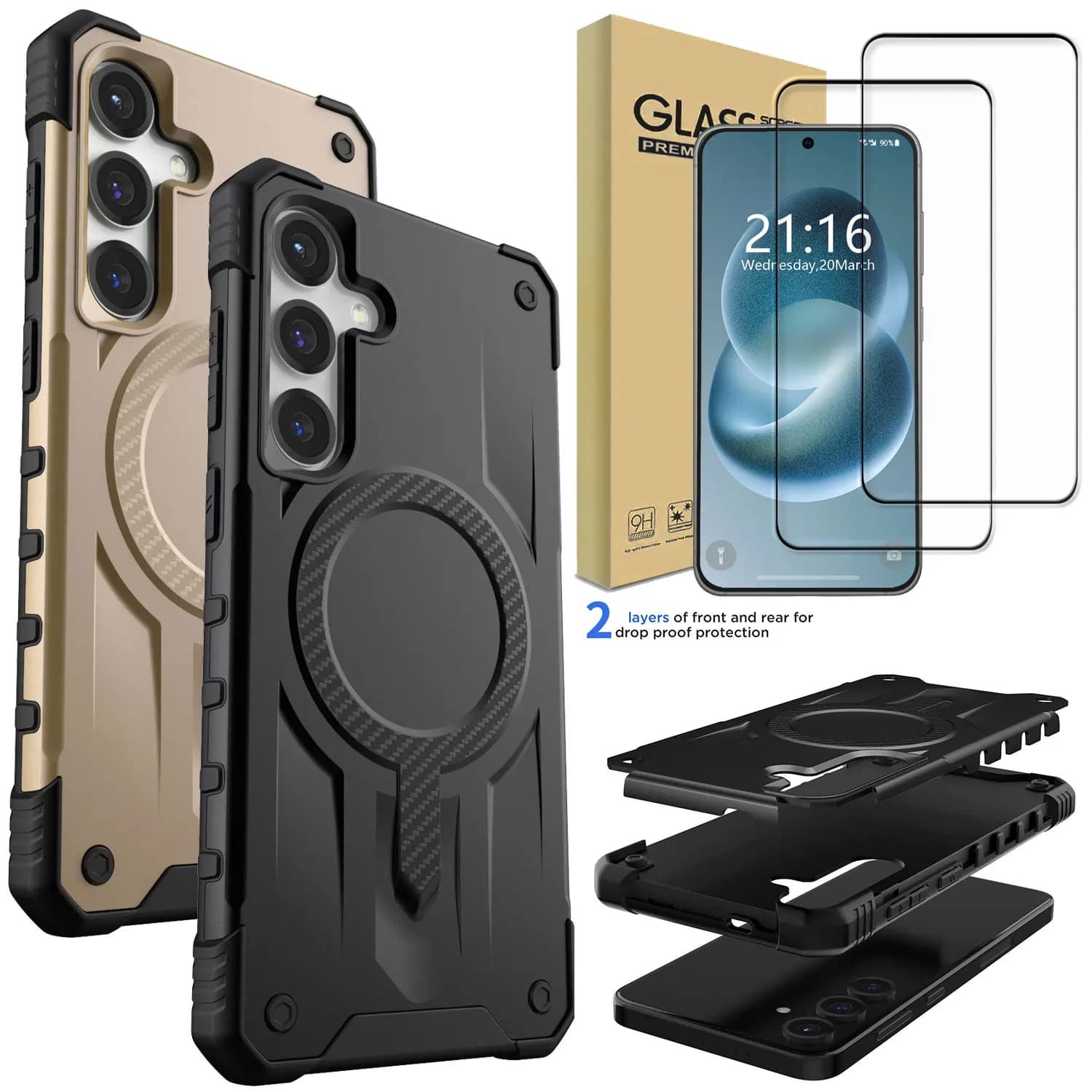 Per Samsung Galaxy S23 FE Custodia robusta con paraurti magnetico Cover resistente con 2 pezzi Proteggi schermo in vetro temperato trasparente