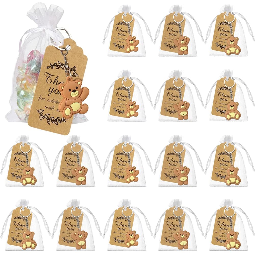 Set da 5/15/25 Pezzi per Baby Shower: Portachiavi Orsetto, Etichette Kraft di Ringraziamento, Sacchetto in Organza - Decorazioni per Feste di Compleanno per Bambini, Regalo per Ospiti