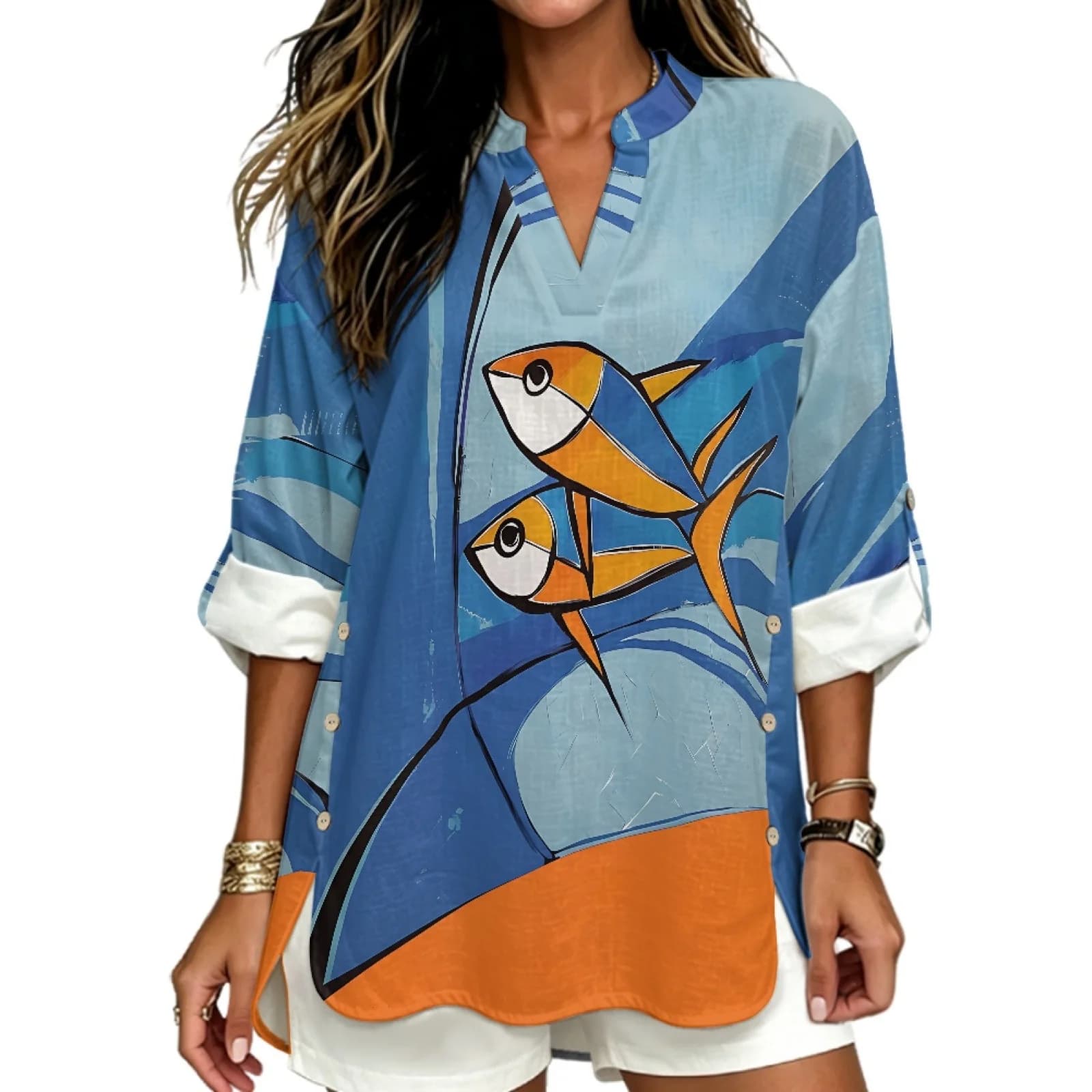 INSTANTARTS Women'S Linen V-Neck Shirt Breathable Long-Sleeved Top Blouse Roll-Up Cuff Lightweight Comfortable Soft Abstract