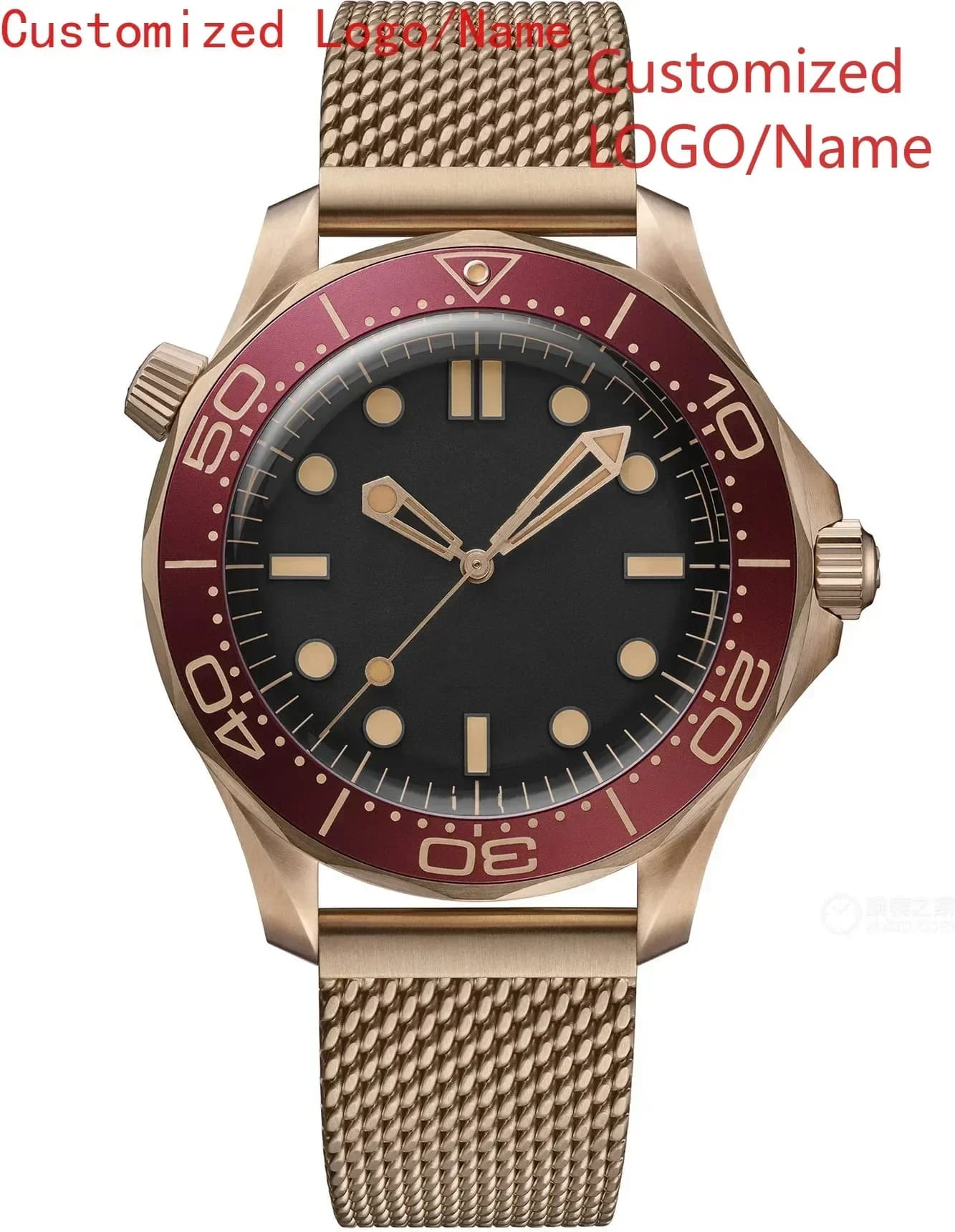 A191 Store Orologio meccanico automatico da uomo in acciaio inossidabile oro rosa con lunetta in ceramica rossa, orologio da polso in gomma con zaffiro, 42 mm