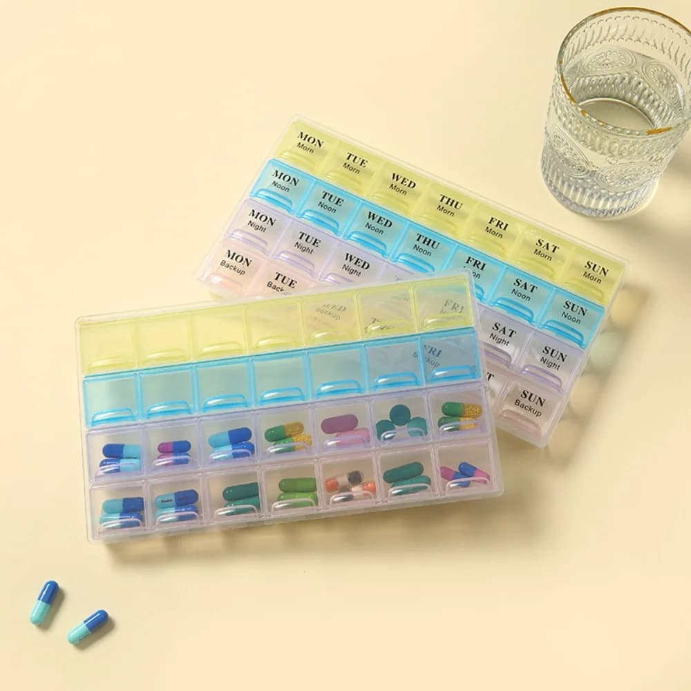 Premium Weekly Bookcase with 7/14/21/28 Parts, 1/2/3/4 Times per day, Organizer for Vitamins, Medicines, Fish Oil