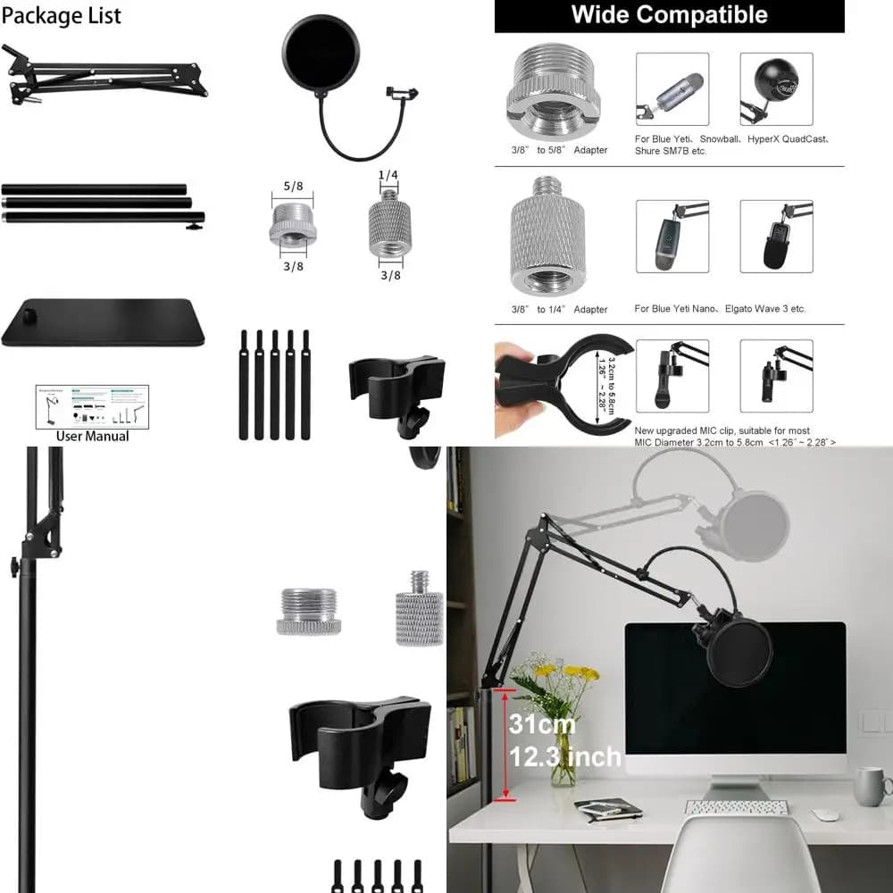 Supporto da braccio Studio Boom con filettatura 3/8-5/8, clip per microfono e fascette per microfoni blu, Nano, Ball, HyperX, SM7B, MV7, e K688
