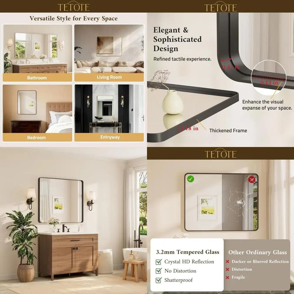 Specchio da parete rettangolare moderno 42 x 36 cm, nero, per l'arredamento del bagno