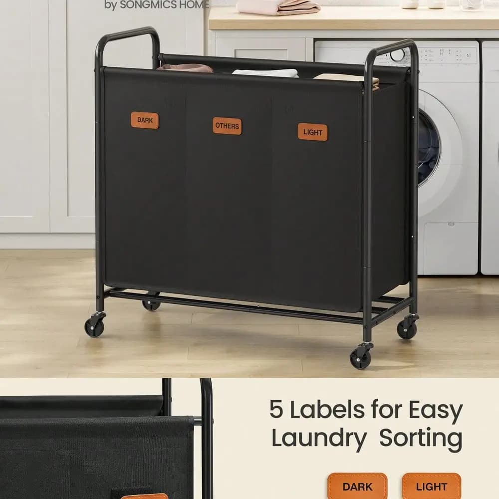 3-Section Laundry Sorter, Laundry Hamper With Wheels, Rolling Clothes Hamper Cart With Large Capacity And Removable Bag