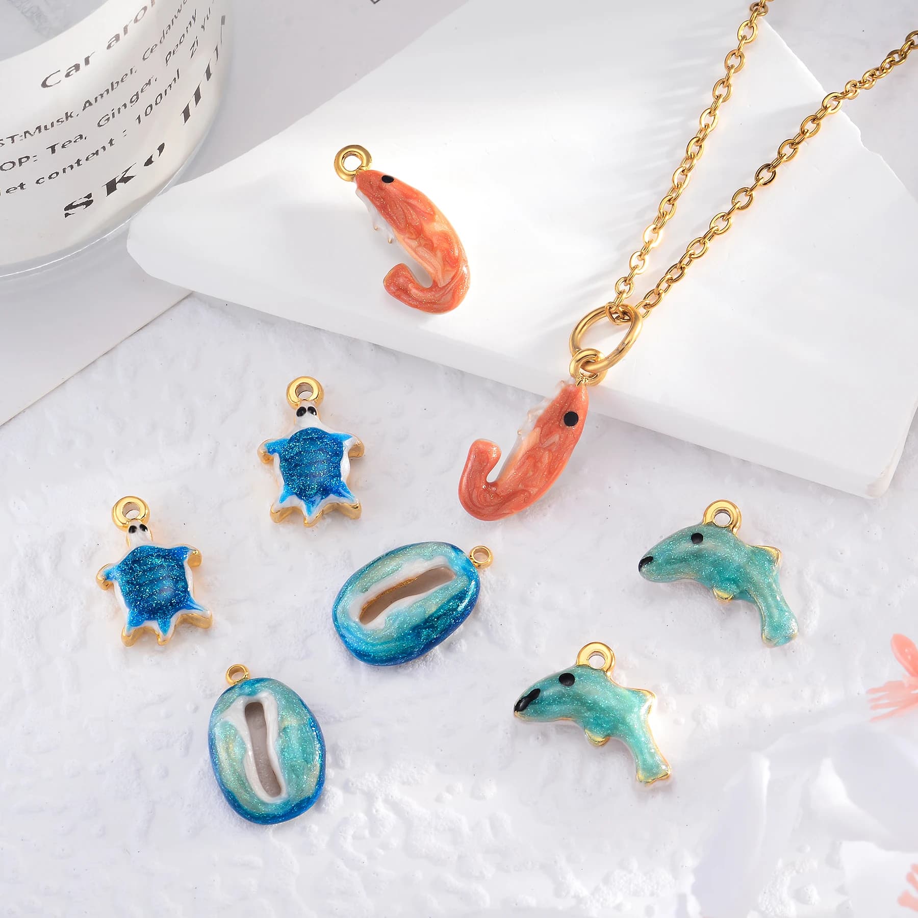 2 pezzi in acciaio inossidabile serie oceano gamberetti/delfino/tartaruga marina/conchiglia ciondolo smaltato per orecchini fai da te collana accessori di gioielli