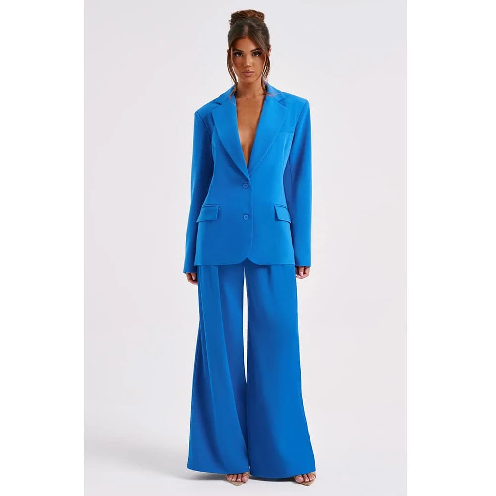 Royal Blue 2 Pieces Suit Set for Women Elegant Peaked Lapel Two Button Blazer Wedding Guest Outfit Office Lady Pants Set