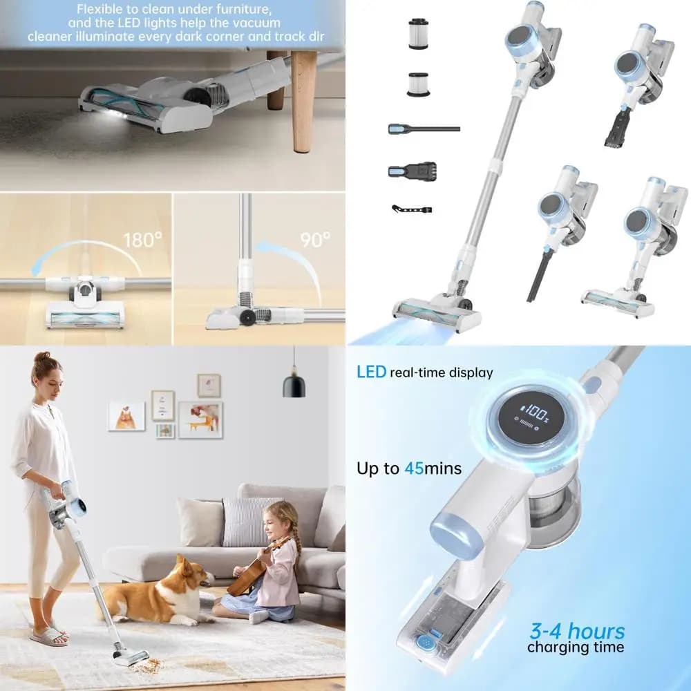 500W 45Kpa 6-in-1 Stick Vacuum Cleaner, LED Touch, Rechargeable, Ideal for Dury Animals and Floors, 1.0L Powder Container