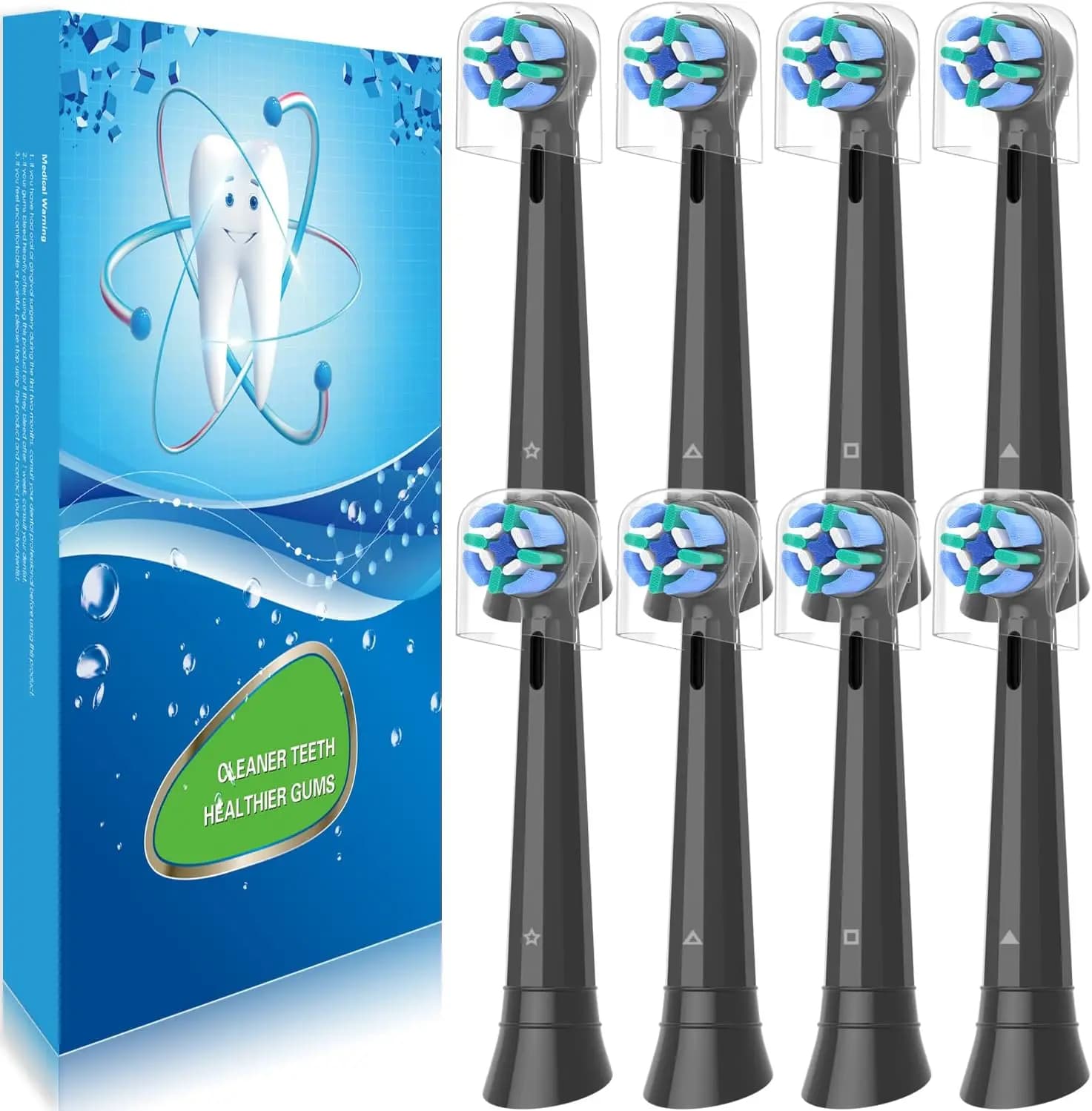 Pack of 8 spare heads for electric toothbrush with covers, soft bristles for delicate, black cleaning