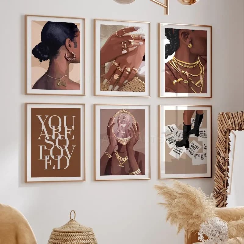 Quadro su tela Pop Art con ragazza nera alla moda, denti con diamanti, gioielli per unghie, oro, poster e stampe, immagini da parete per soggiorno