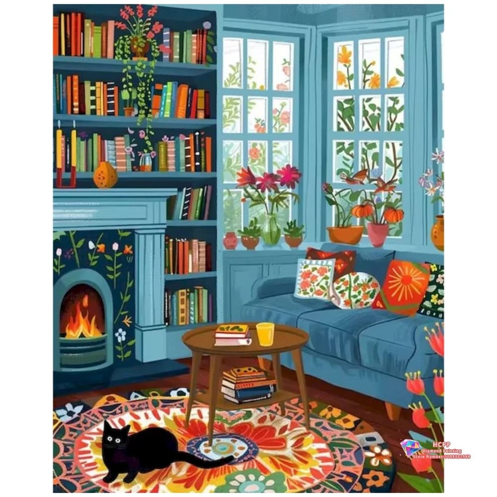 Kit Pittura Diamante 5D Fai da Te, Ricamo a Punto Croce, Arte Fatta a Mano, Regalo Artigianale, Decorazione Casa - Vista Gatto in Stanza