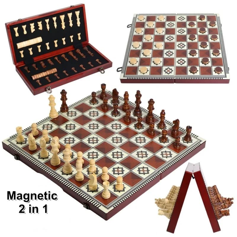 2-in-1 Magnetic Wooden Chess & Checkers Set, Foldable Portable Tabletop Board Game Toy, Multiple Sizes for Kids Adults