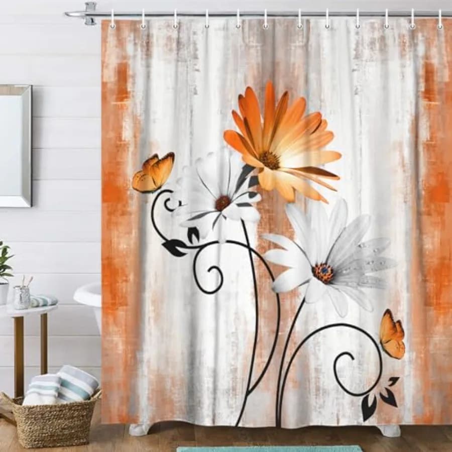Rustic Farmhouse Shower Curtain, Farm Orange Daisy Floral Fall Flowers and Butterfly on Country Wooden Autumn Shower Curtain fo