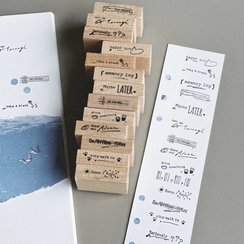14Pcs English Mood Word Wooden Rubber Stamp Set DIY Drawing Scrapbook Diary Decoration Stamps Student Craft Stationery Supplies