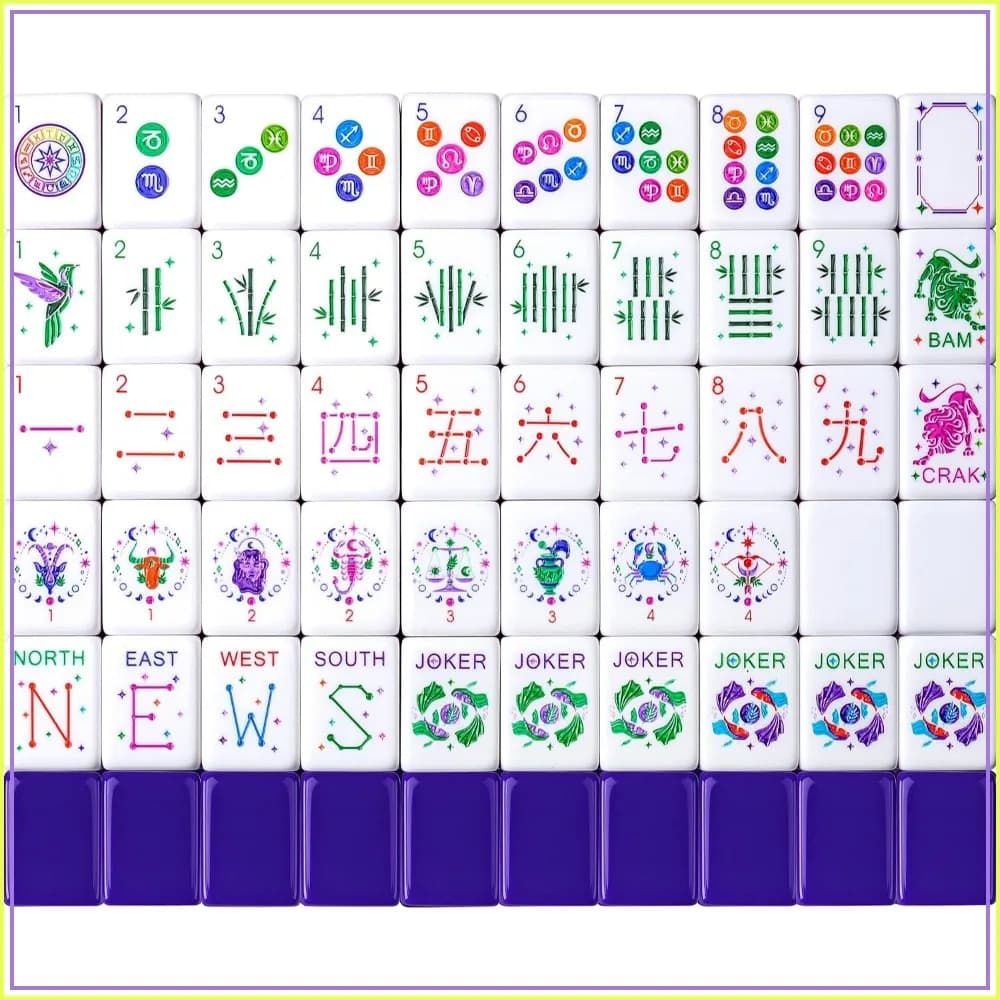 160 Acrylic Mahjong Tiles, 12 Zodiac Designs, 4 Racks & Pushers, 100 Chips, 3 Dice, Vintage Case