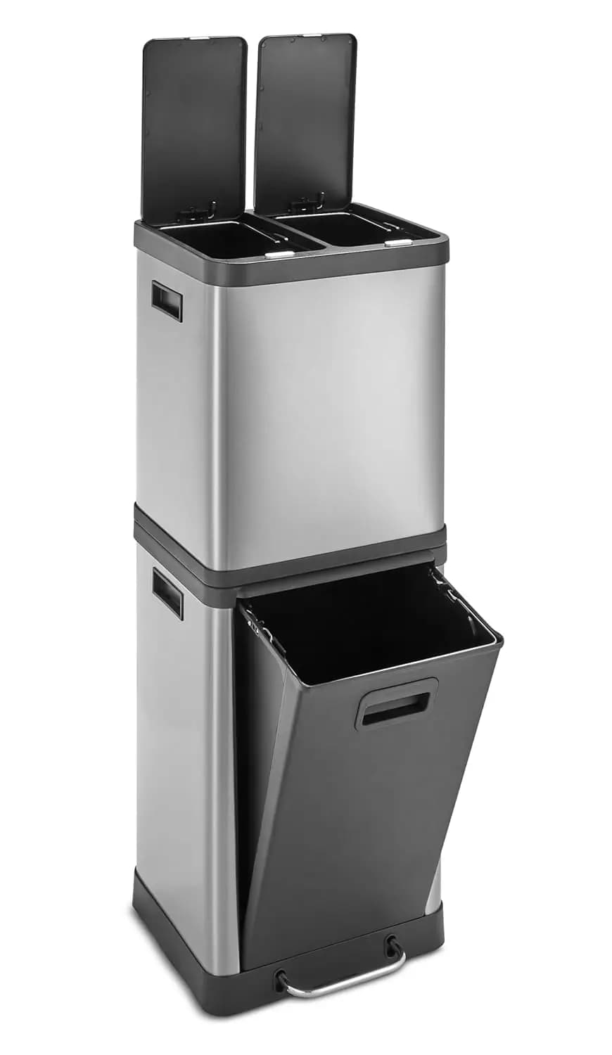 Bidone per Rifiuti e Riciclaggio a Tre Scomparti da 36L, Apertura Multi-Accesso, Controllo Odori, Acciaio Inossidabile, 3 Rotoli di Sacchi Inclusi
