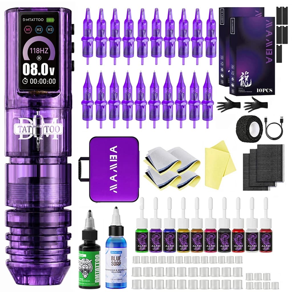 Wireless Tattoo Machine Kit Three Working Modes 3 Colors Transparent Plastic Tattoo Pen With 1600mAh Battery For Tattoo Art