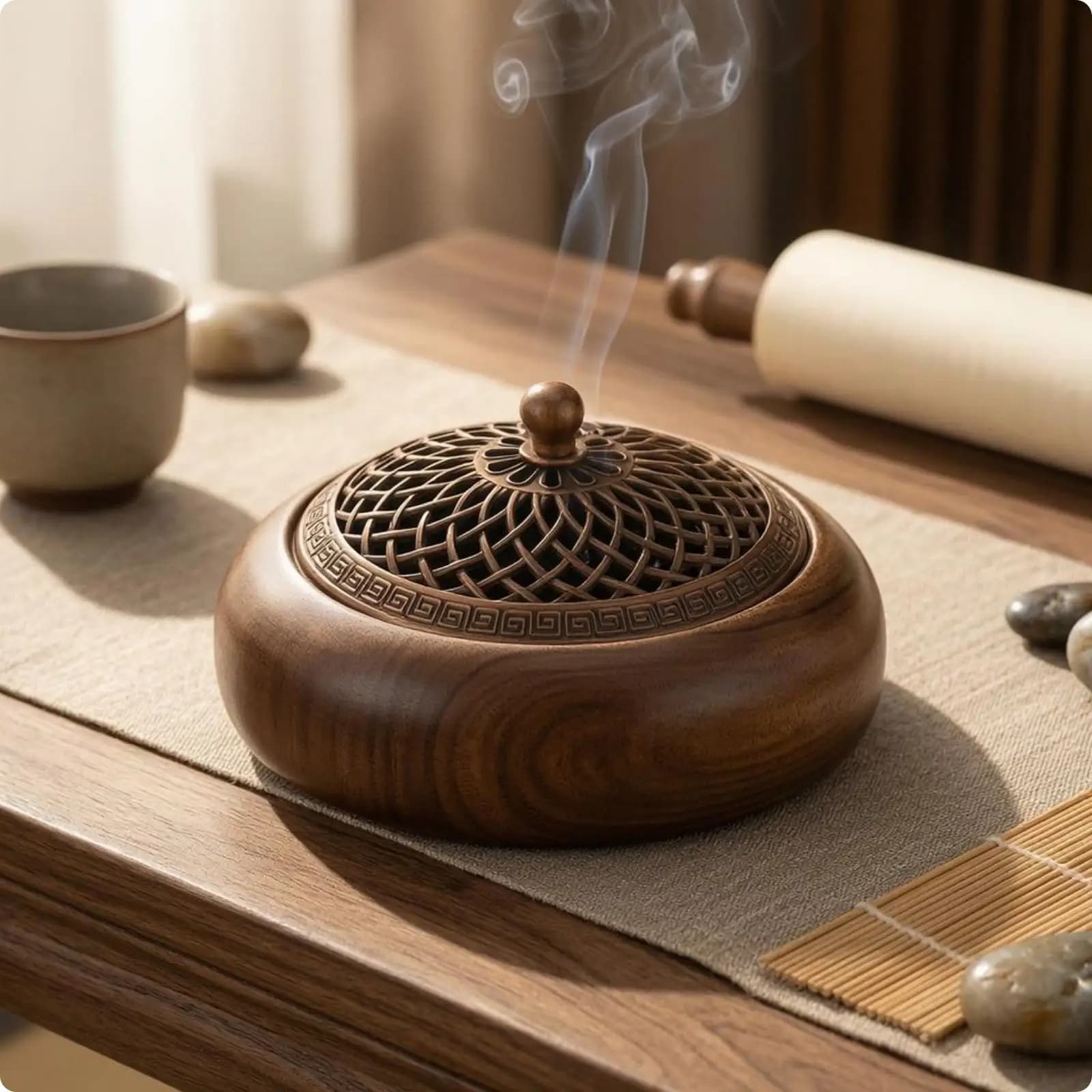 Round Walnut Incense Burner Metal Lattice Lid Cone Stick Holder Aromatherapy Zen Home Decor for Meditation Yoga Spa Tea Ceremony