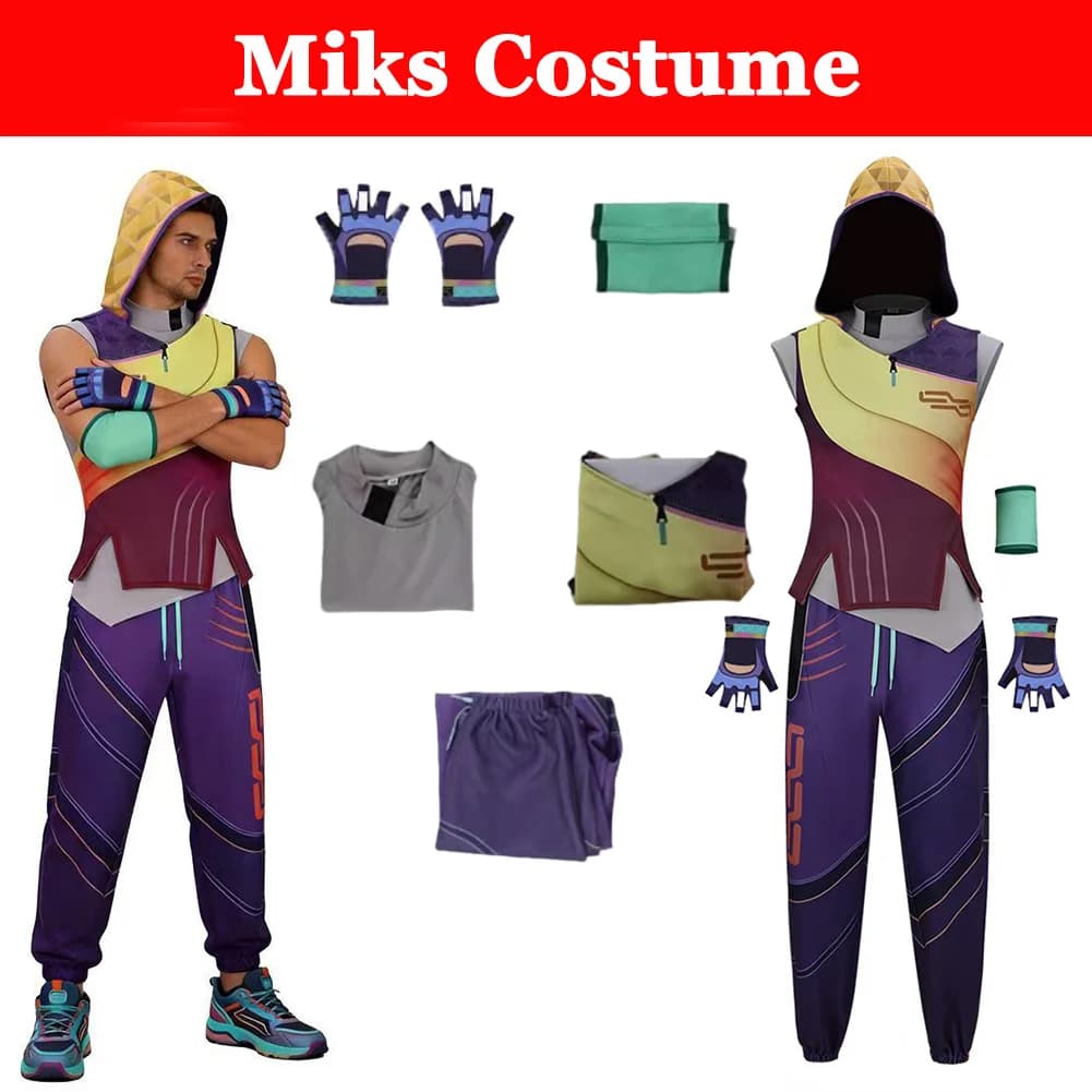 Costume cosplay del personaggio Miks del gioco Valorant per uomo adulto con guanti per Halloween, carnevale, festival e feste.