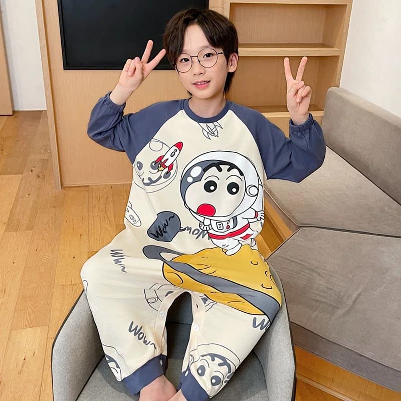 Pigiama Intero per Bambini Anime Crayon Shin-Chan, Sacco a Pelo Sottile a Maniche Lunghe Primavera Autunno, Tuta Anti-Calcio per Ragazzi, Abbigliamento da Casa