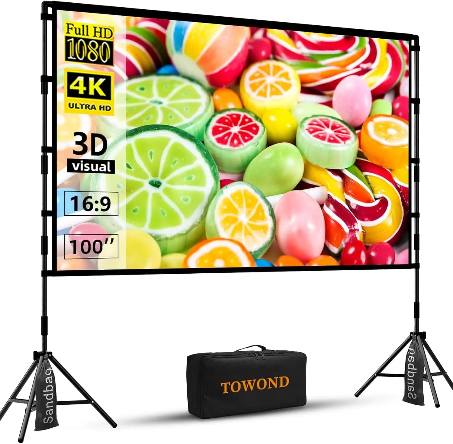 Schermo per Proiettore Portatile da 100 Pollici con Supporto, Compatibile 4K, per Cinema all'Aperto e al Chiuso, per Casa e Giardino