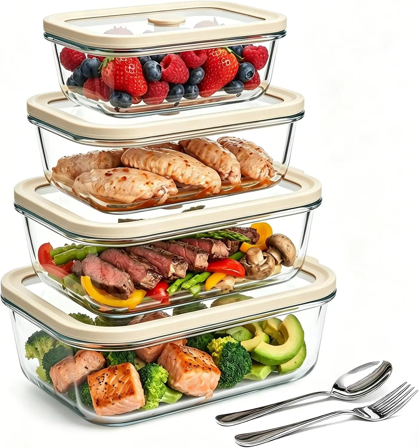 4 Pack Glass Meal Prep Containers with Glass Lids, Plastic-Free Glass Food Storage Containers, Multi-Size Glass Food Prep Conta