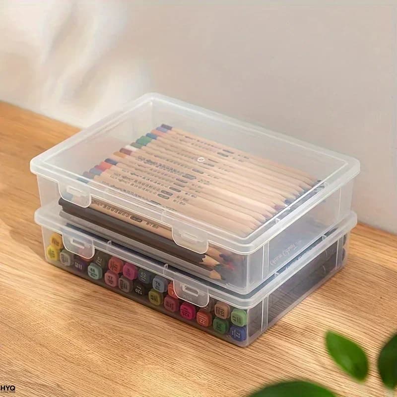 High capacity plastic transparent box for sketches, markers, colored pencils, paint organizer, essential for return to school