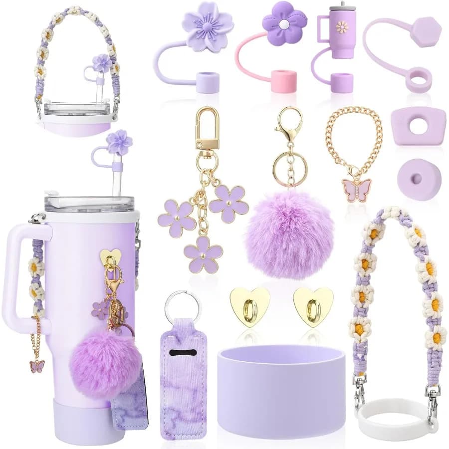 Set di accessori per tazze da 14 pezzi per inclusa la cinghia della maniglia della bottiglia d'acqua, tappo per fuoriuscite, ciondoli porta bastoncini per stivali in silicone per 3 P