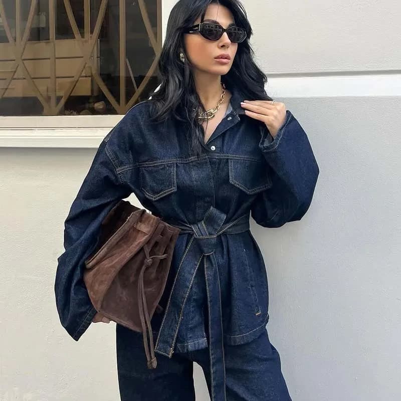 YENKYE Vintage Con Cintura Giubbotti di Jeans Donna Y2K Risvolto Tasche monopetto Cappotto 2025 Primavera Lady Abiti Streetwear