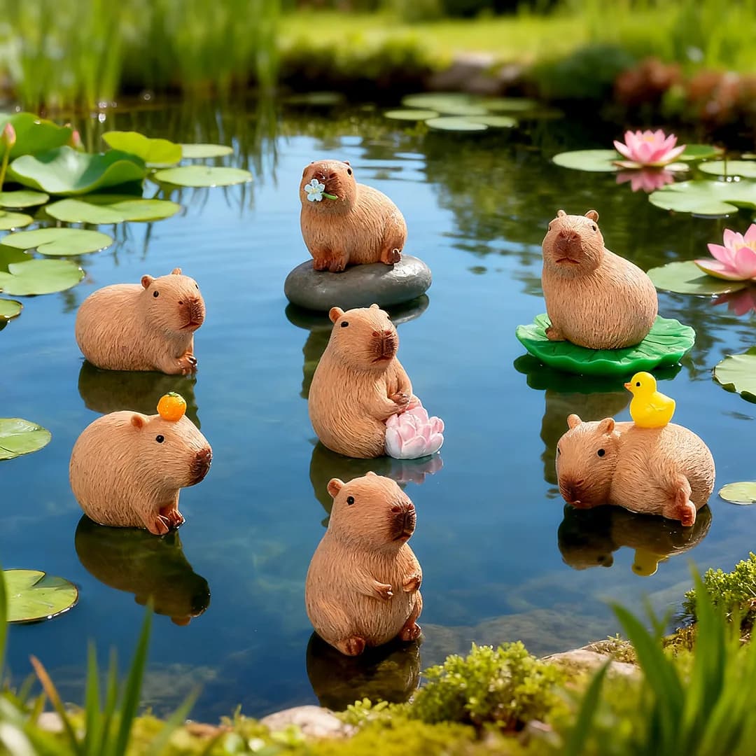Set di 7 Figurine di Capibara Simulate, Mini Statuette Decorative da Scrivania, Modelli Ornamentali per Giardino, Casa e Ufficio