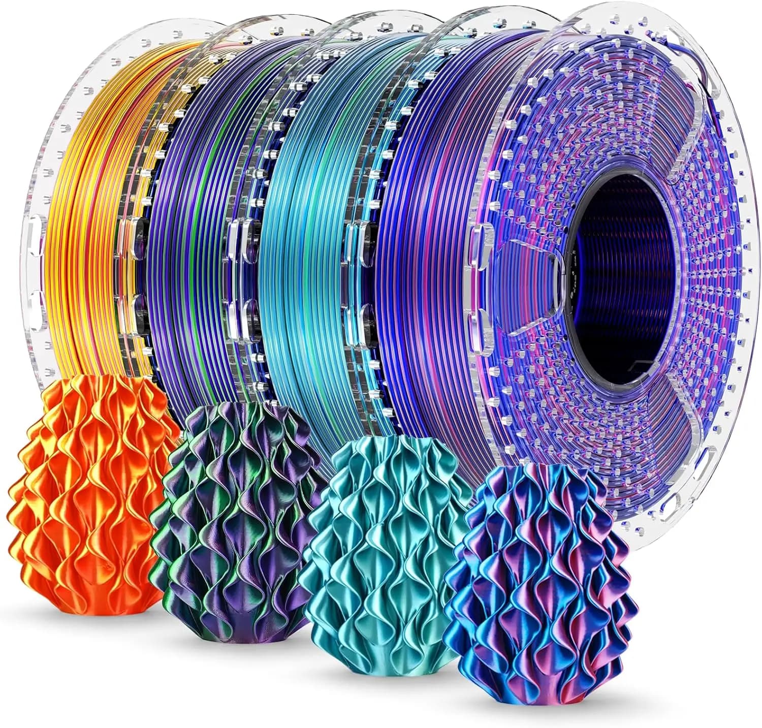Filamento PLA Plus Lucido Effetto Seta per Stampante 3D, Confezione Multicolore 1.75mm 250gx4, Rosso Oro+Blu Verde+Rosso Blu+Verde Viola