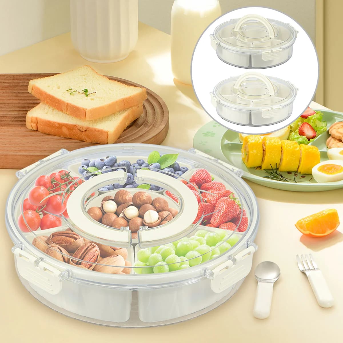 360 Ruota Contenitore per salumi Contenitore per snack Vassoio da portata diviso Organizzatore di stoccaggio portatile per accessori da cucina per frutta e caramelle