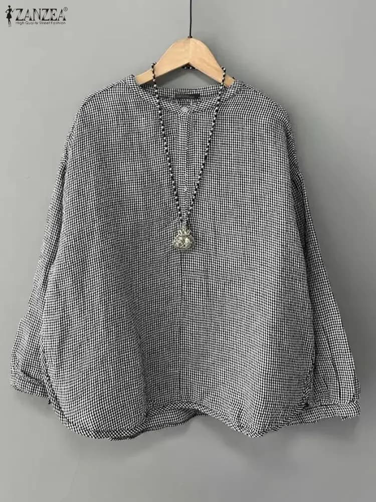 ZANZEA Autunno Donna Camicetta scozzese Manica lunga Camicie a quadri 2025 Moda O-Collo Casual Elegante Ufficio Streetwear Blusas Feminina