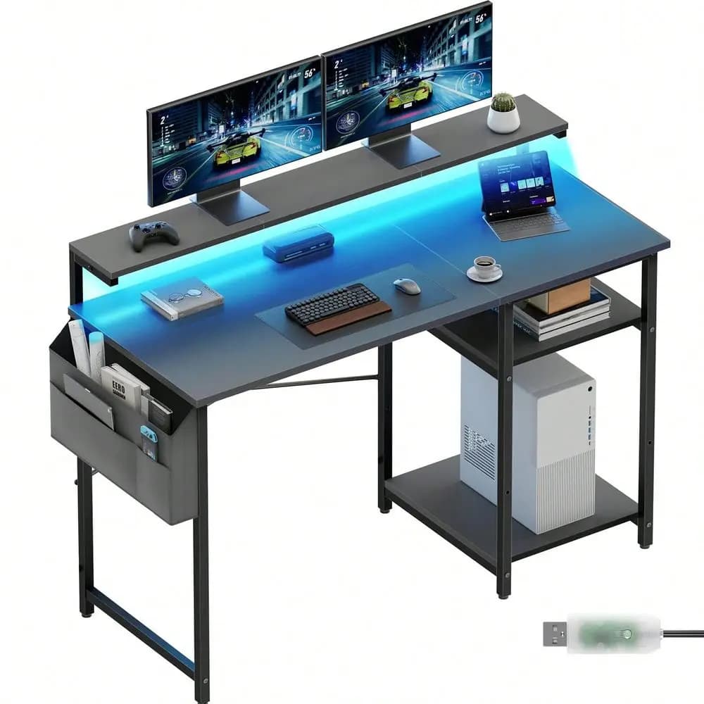 Scrivania per Computer con Luce LED, 120 cm L x 48 cm P x 74 cm H, Tavolo da Ufficio con Supporto Monitor per Uso Domestico, Scrivania ad Angolo con