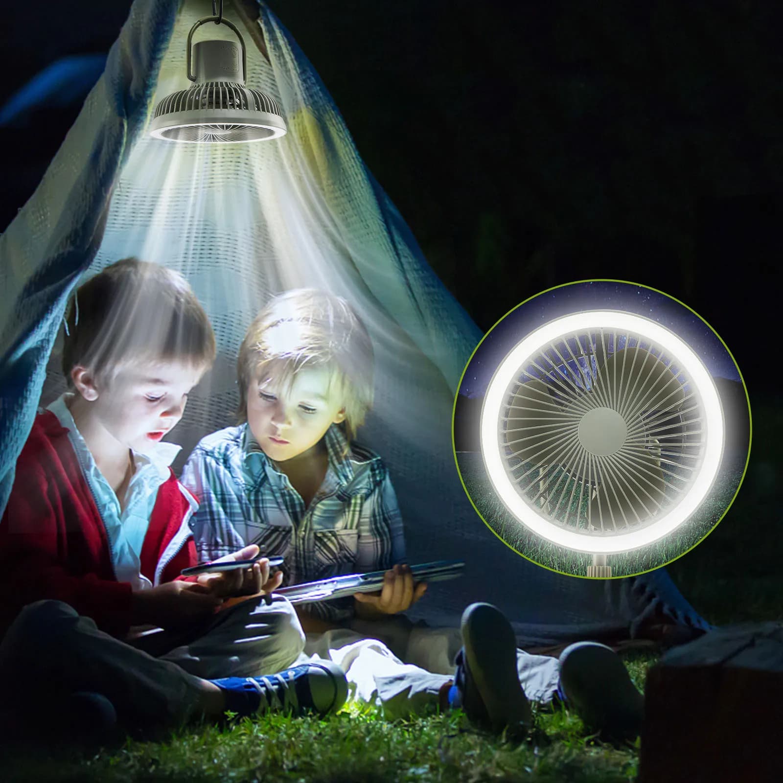 Lampada da campeggio e ventilatore con ampia oscillazione, flessibile, portatile, ricaricabile, con treppiede e telecomando