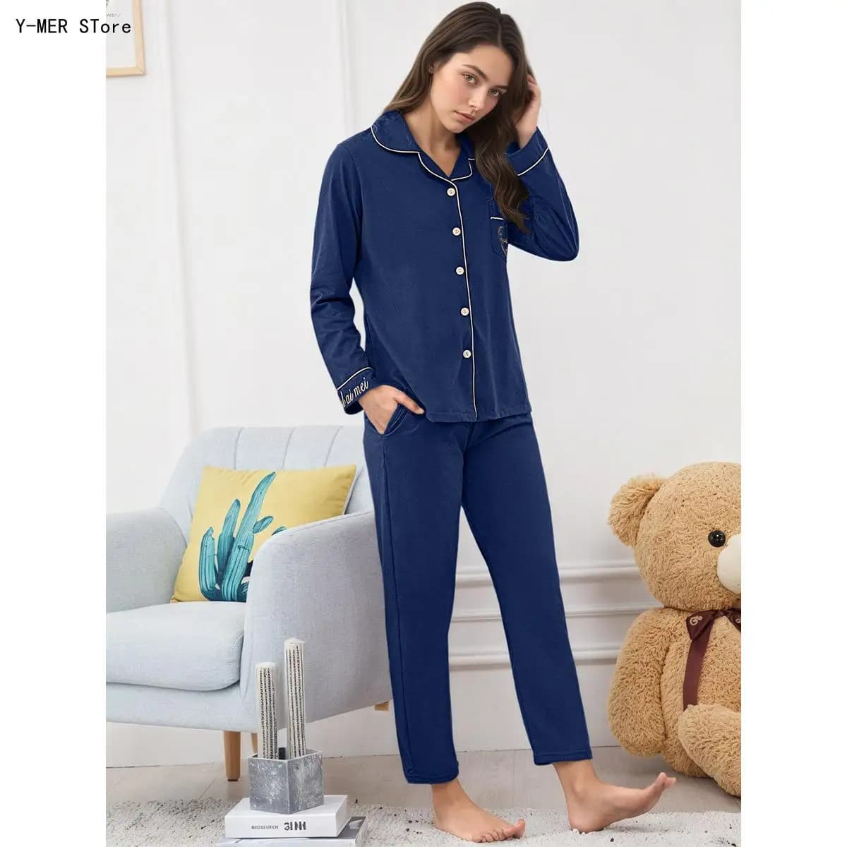 Women Open Front Long Sleeve Pajama Set Long Pants Loungewear Casual Soft Home Sleepwear Outfit Suitable for Spring and Autumn