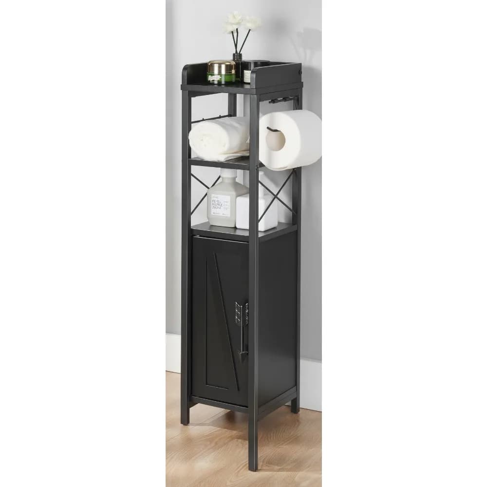 Mobiletto da bagno sottile con porta carta igienica, organizer stretto per piccoli spazi, design nero impermeabile