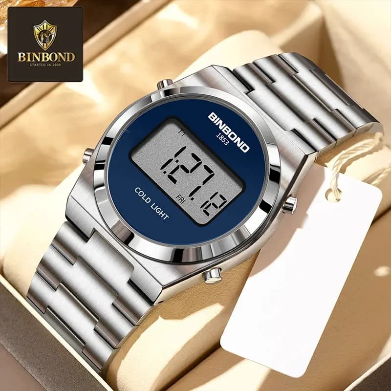 BINBOND Digital LED Sports Clock for Men Luxury Stainless Steel Electronic Waterproof Men Wrist Watch Luminous Reloj Hombre