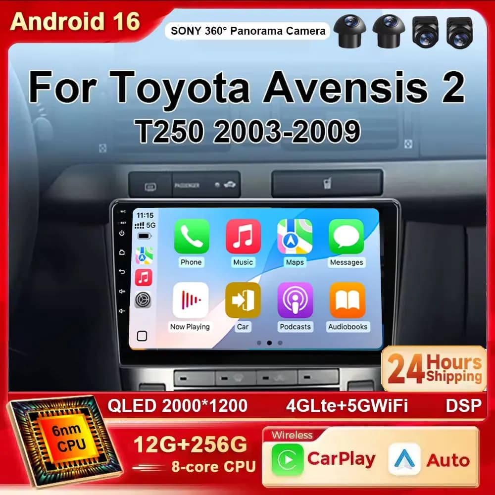 Per Toyota Avensis T250 2 II 2003-2009 Android 15 Autoradio Lettore Multimediale di Navigazione GPS QLED Touch Screen Auto Carplay