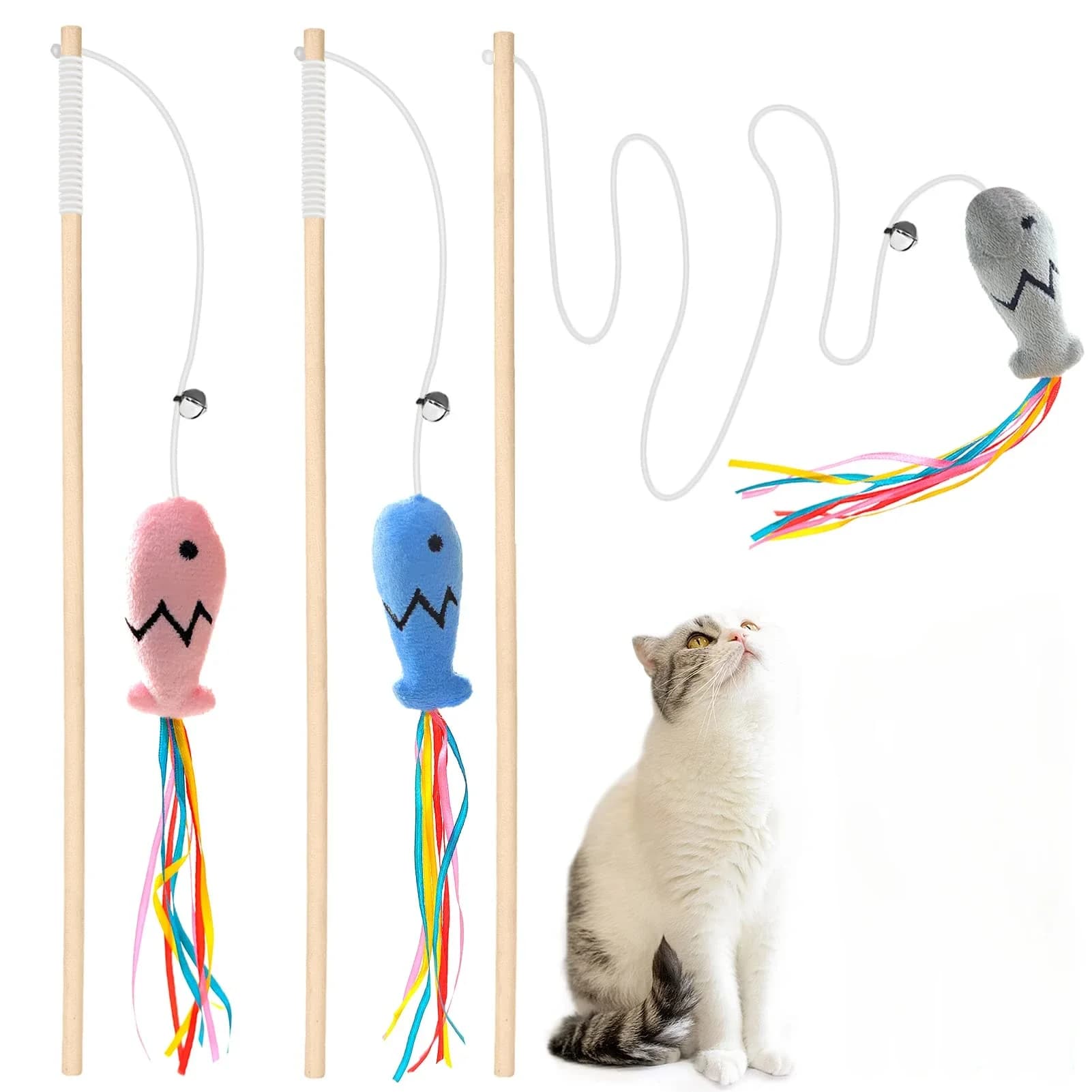 Giocattolo alla Moda per Gatti, Bacchetta in Legno Naturale per Gatti, Gioco Interattivo con Elastico per Gatti da Interno